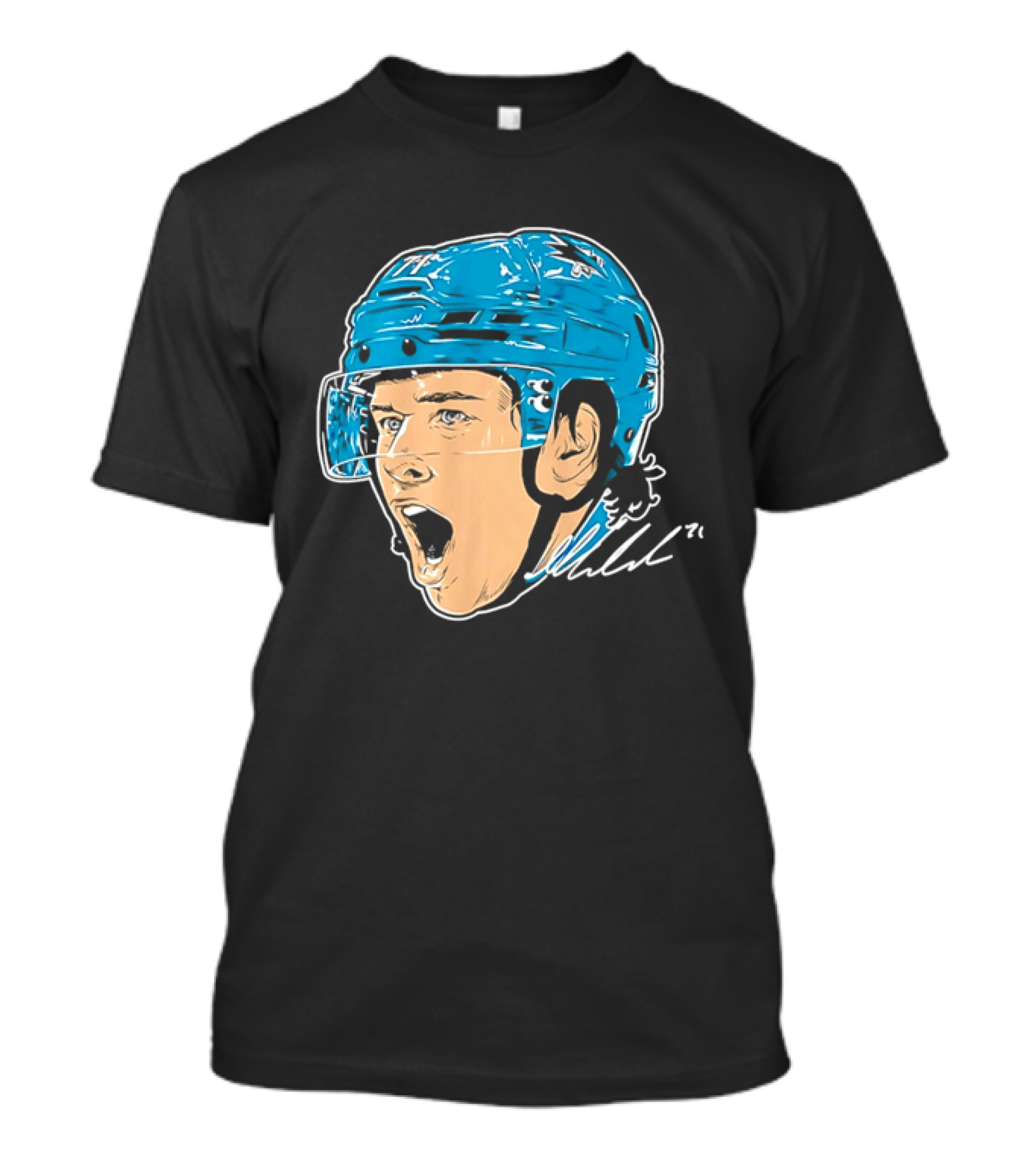 San Jose Sharks NHL 71 Yelling Hockey Player Helmet Caricature T-Shirt