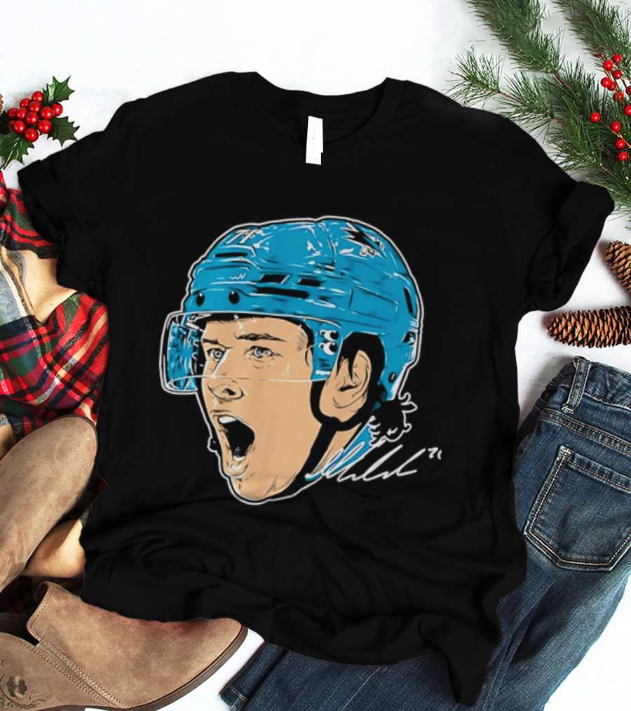 San Jose Sharks NHL 71 Yelling Hockey Player Helmet Caricature T-Shirt
