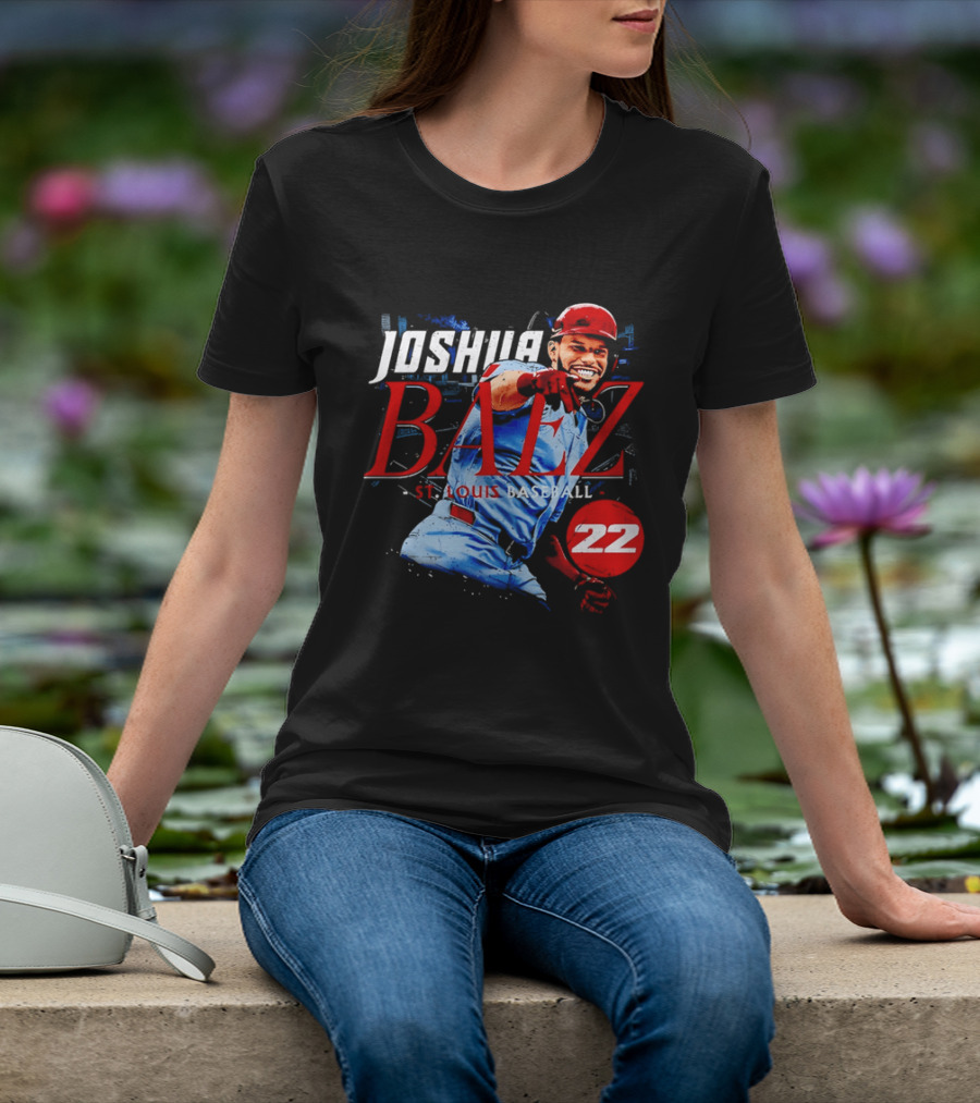 Joshua Baez 22 St Louis Baseball Red Helmet Distressed Photo T-Shirt