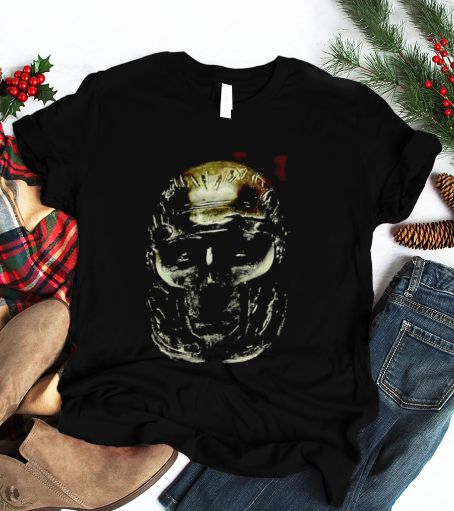 Dark Metallic Sculpted Skull Mask With Stylized Roman T-Shirt