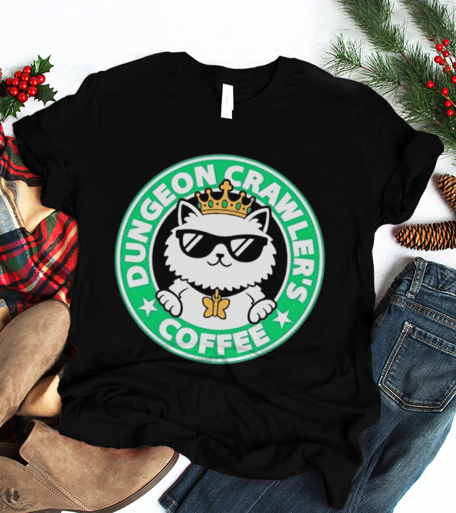 Dungeon Crawlers Coffee White Cat Crown Sunglasses T-Shirt
