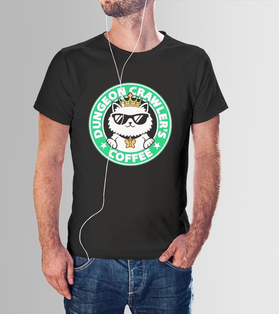 Dungeon Crawlers Coffee White Cat Crown Sunglasses T-Shirt