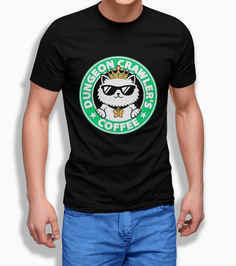 Dungeon Crawlers Coffee White Cat Crown Sunglasses T-Shirt