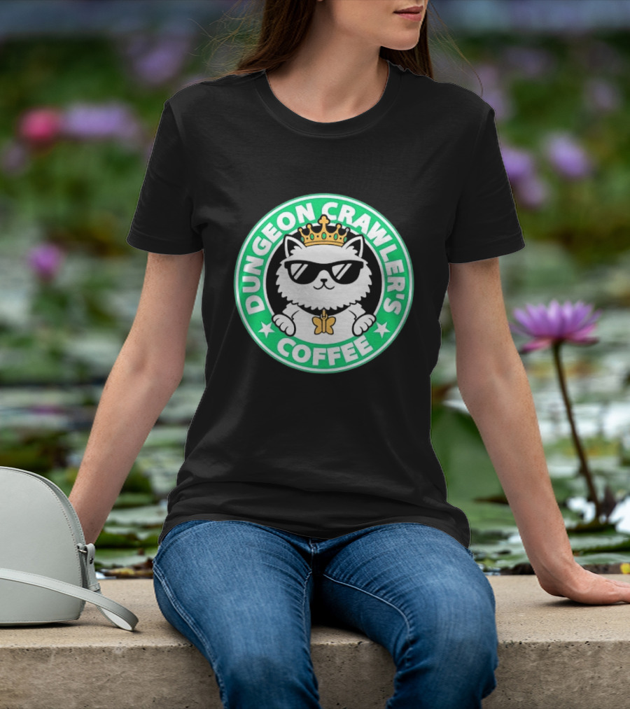 Dungeon Crawlers Coffee White Cat Crown Sunglasses T-Shirt