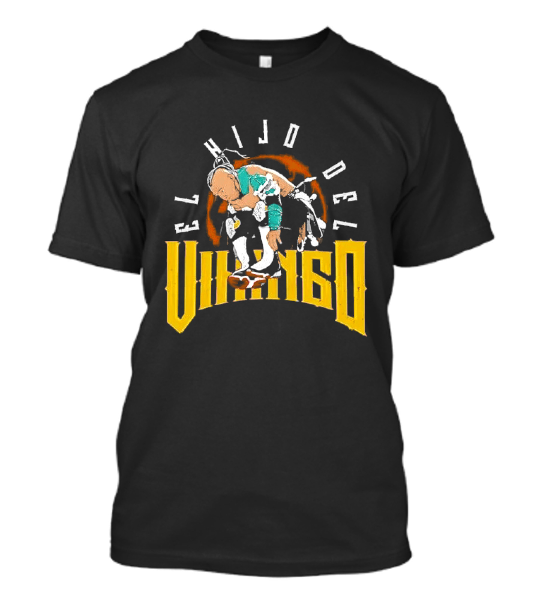 El Hijo Del Vikingo Crouching Wrestler Brown Yellow Text And Image T-Shirt