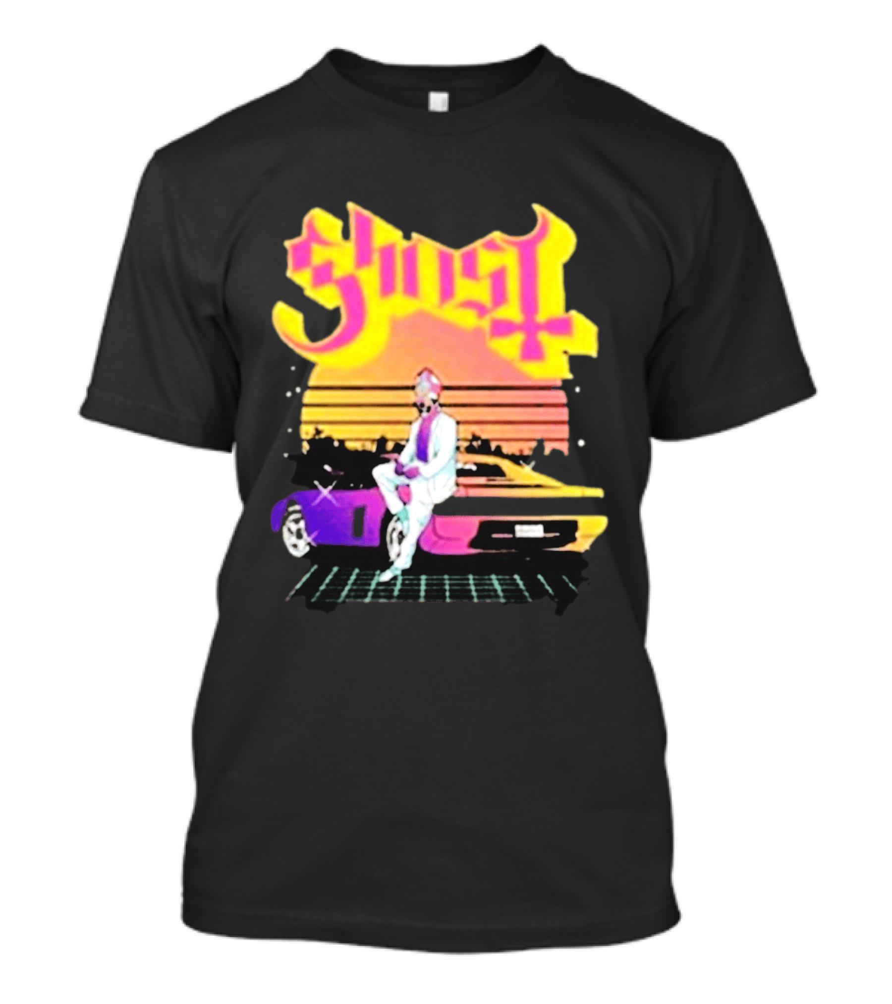 Ghost Miami Vice Retro Sunset Car Scene T-Shirt
