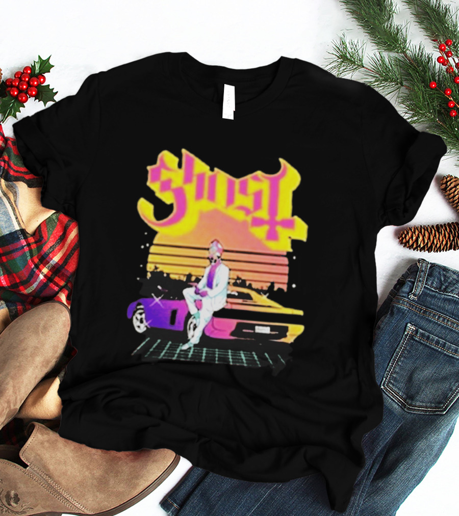 Ghost Miami Vice Retro Sunset Car Scene T-Shirt