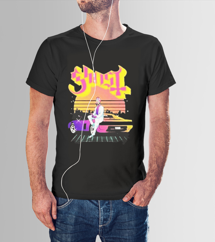 Ghost Miami Vice Retro Sunset Car Scene T-Shirt