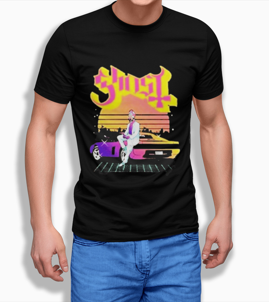 Ghost Miami Vice Retro Sunset Car Scene T-Shirt