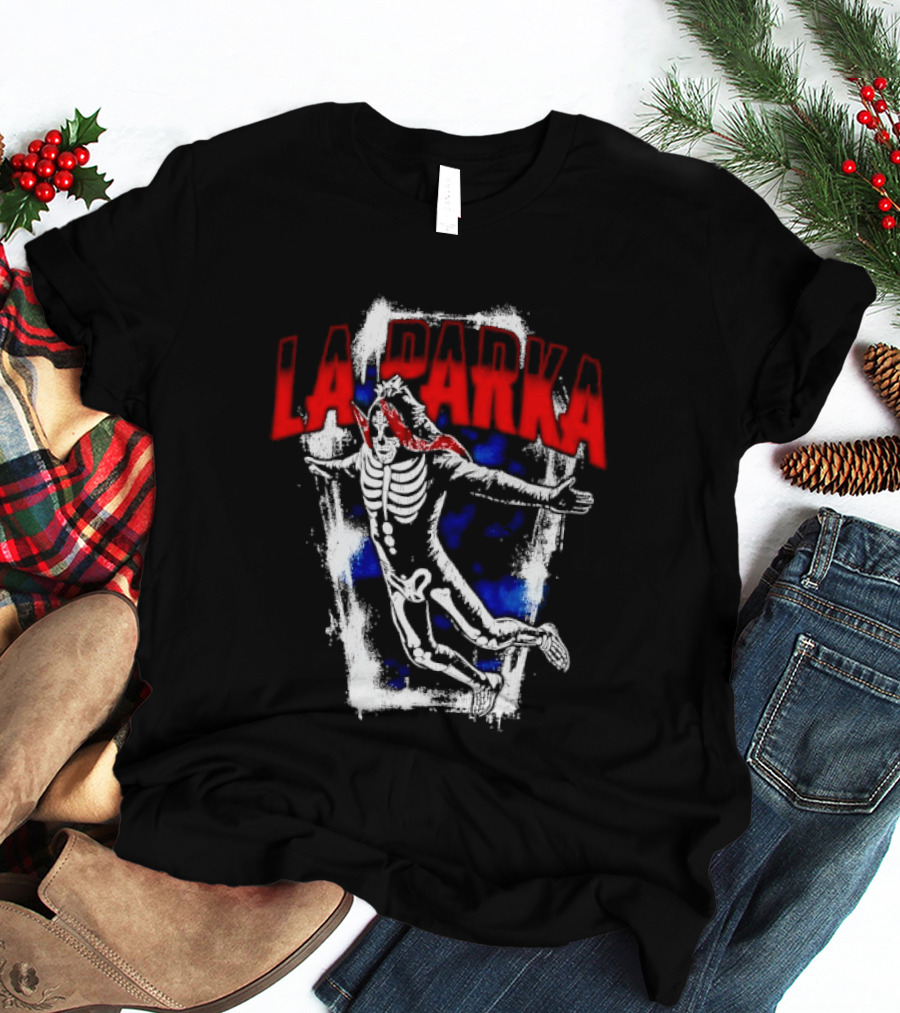 LA Parka Masked Skeleton Wrestler Jumping Distressed Frame T-Shirt