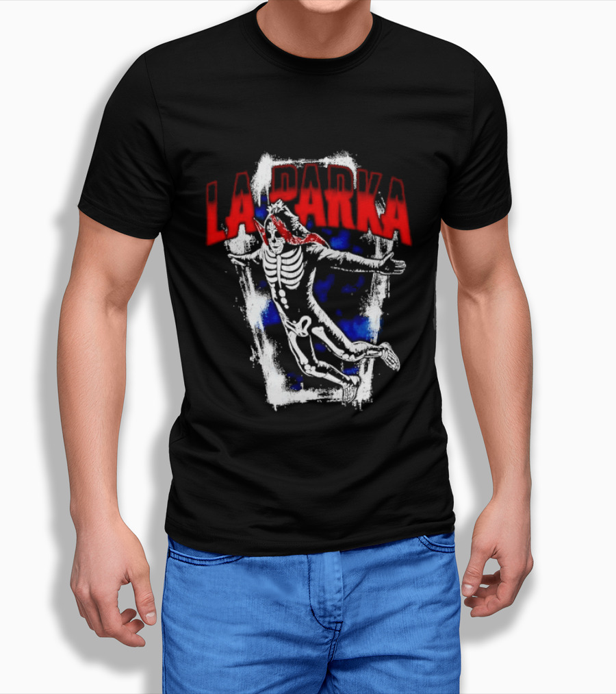 LA Parka Masked Skeleton Wrestler Jumping Distressed Frame T-Shirt