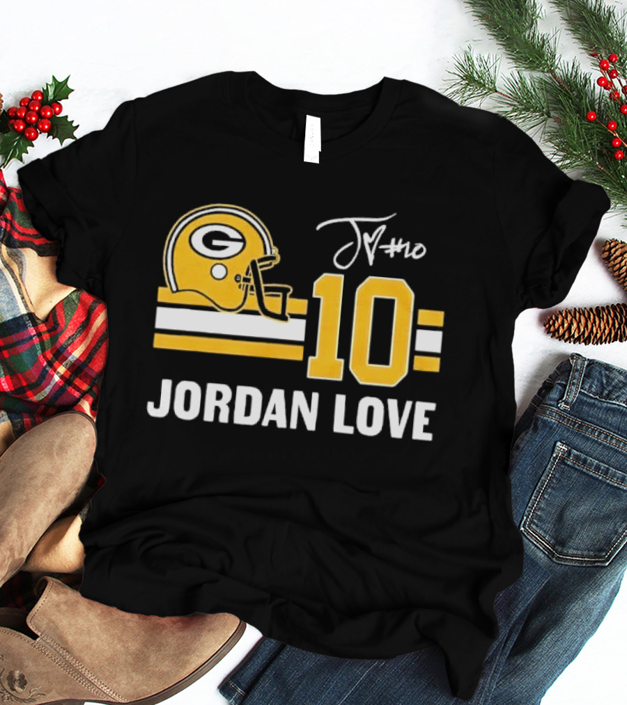 Green Bay Packers Jordan Love 10 Helmet Stripes JM Signature Distressed T-Shirt