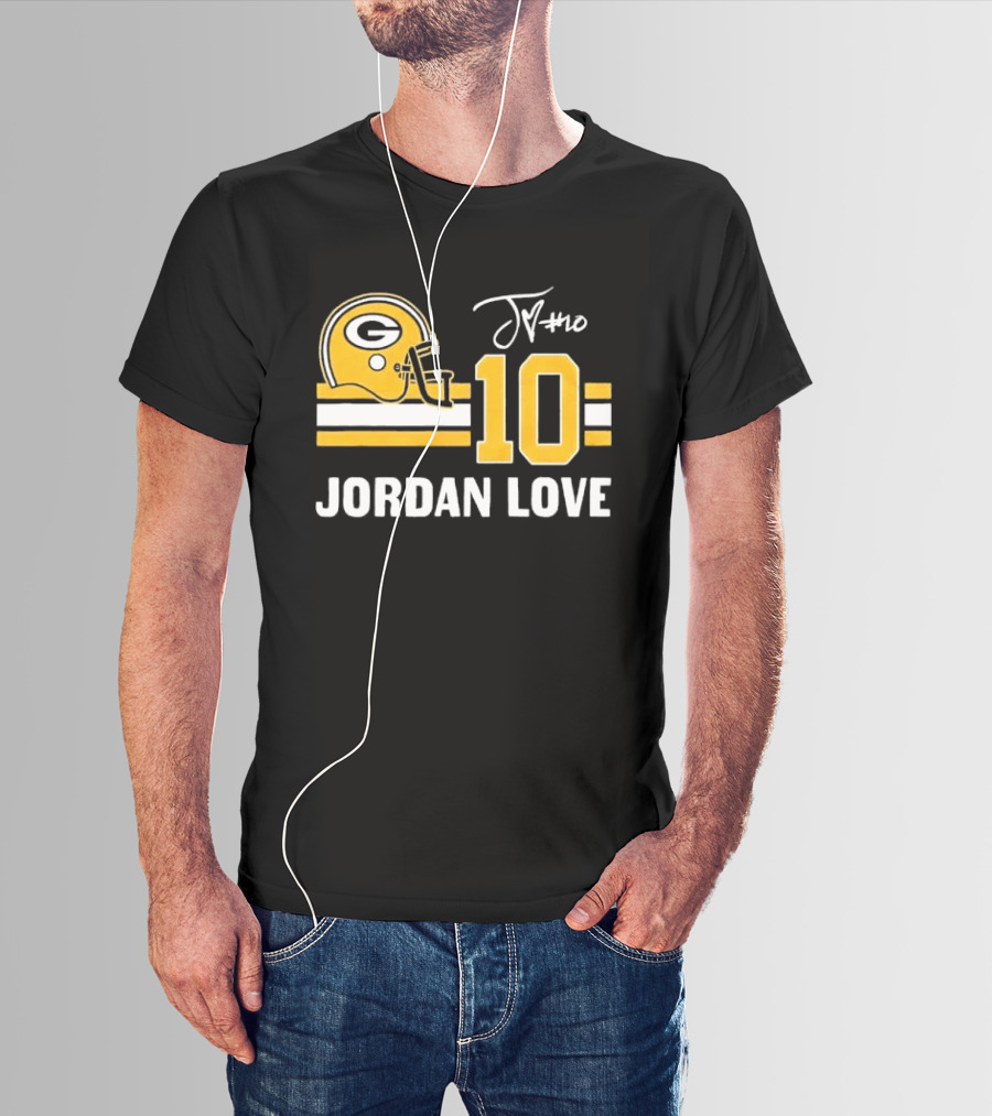 Green Bay Packers Jordan Love 10 Helmet Stripes JM Signature Distressed T-Shirt