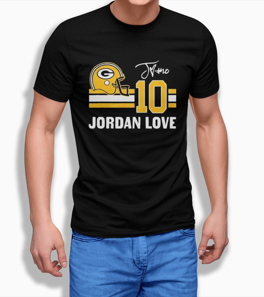 Green Bay Packers Jordan Love 10 Helmet Stripes JM Signature Distressed T-Shirt