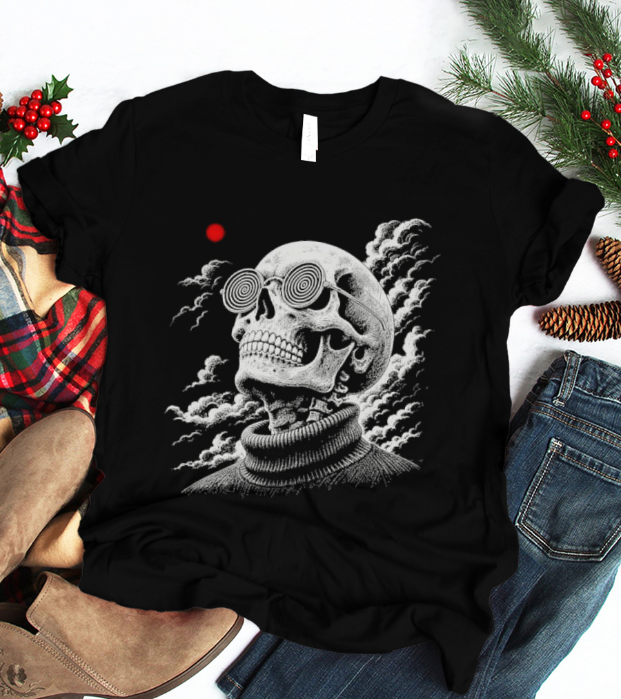 Line Skull Hypnotic Glasses Turtleneck Red Sun Clouds T-Shirt