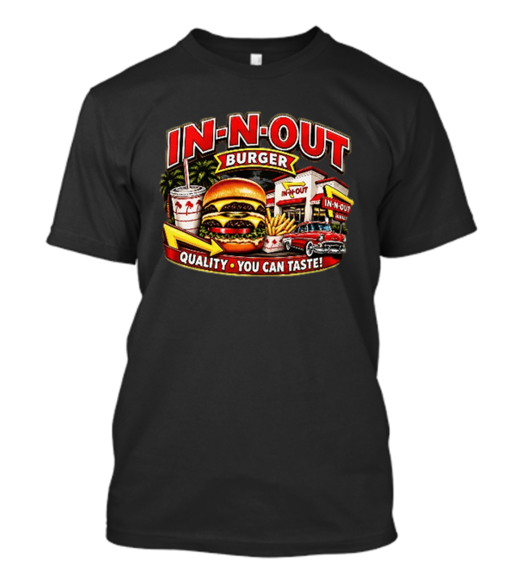 In N Out Burger Quality You Can Taste Palm Trees Classic Car Hamburger Fries Retro Restaurant Scene T-Shirt