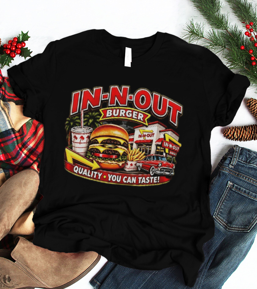 In N Out Burger Quality You Can Taste Palm Trees Classic Car Hamburger Fries Retro Restaurant Scene T-Shirt