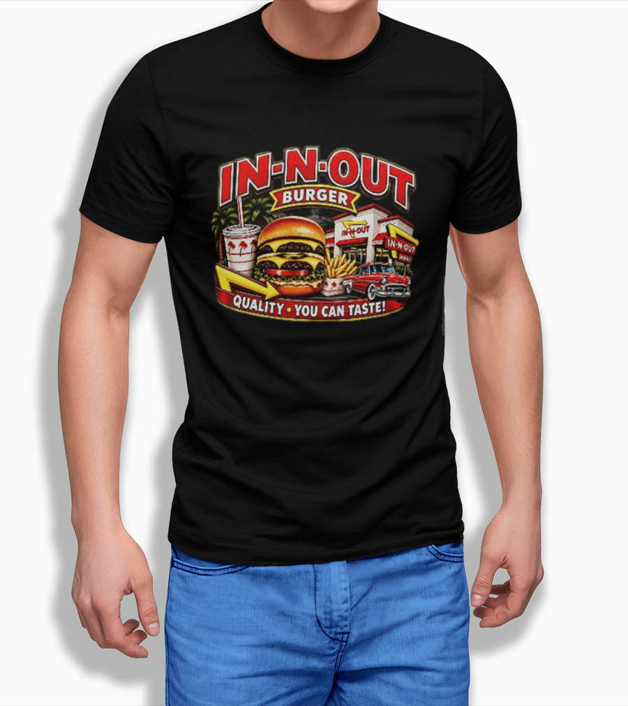 In N Out Burger Quality You Can Taste Palm Trees Classic Car Hamburger Fries Retro Restaurant Scene T-Shirt