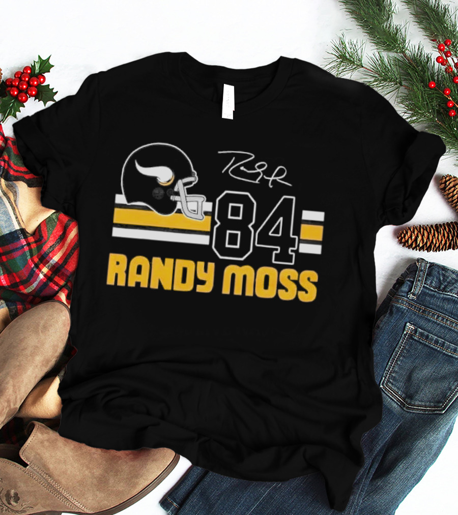 Randy Moss Minnesota Vikings 84 Helmet Stripes Autograph T-Shirt