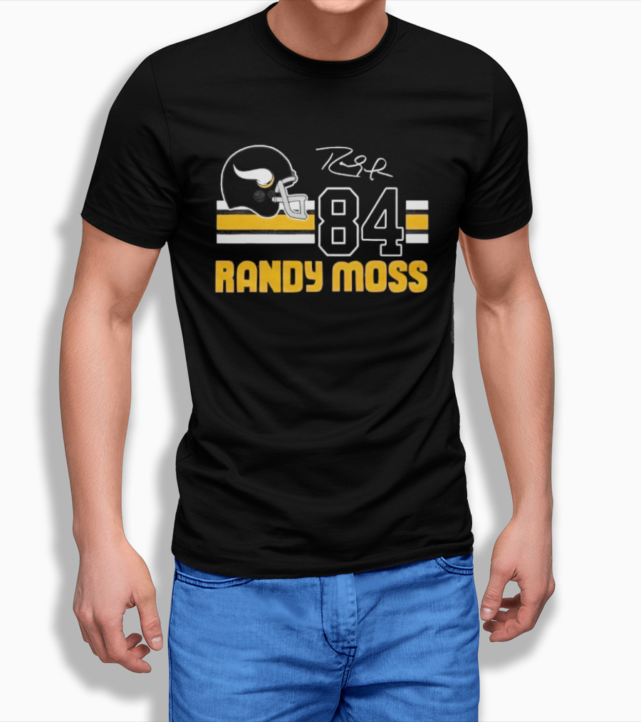 Randy Moss Minnesota Vikings 84 Helmet Stripes Autograph T-Shirt