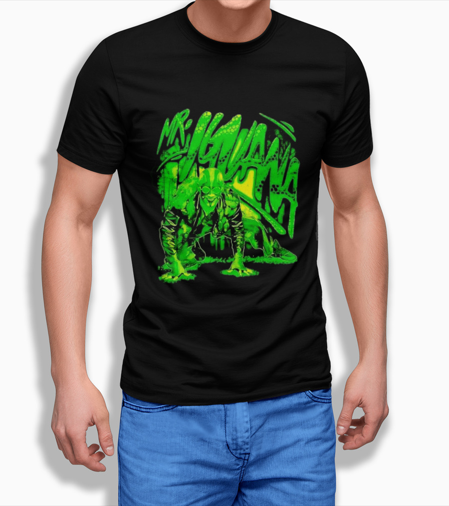 Mr Iguana Crouching Mexican Luchador Green Lizard Scale Graffiti T-Shirt