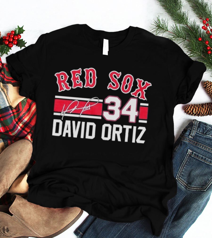 Red Sox MLB David Ortiz 34 White Stripes Distressed T-Shirt