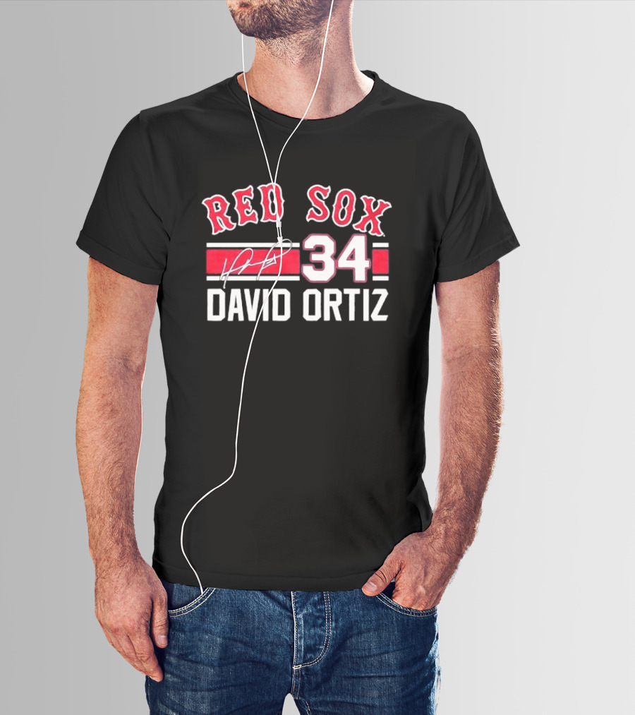 Red Sox MLB David Ortiz 34 White Stripes Distressed T-Shirt