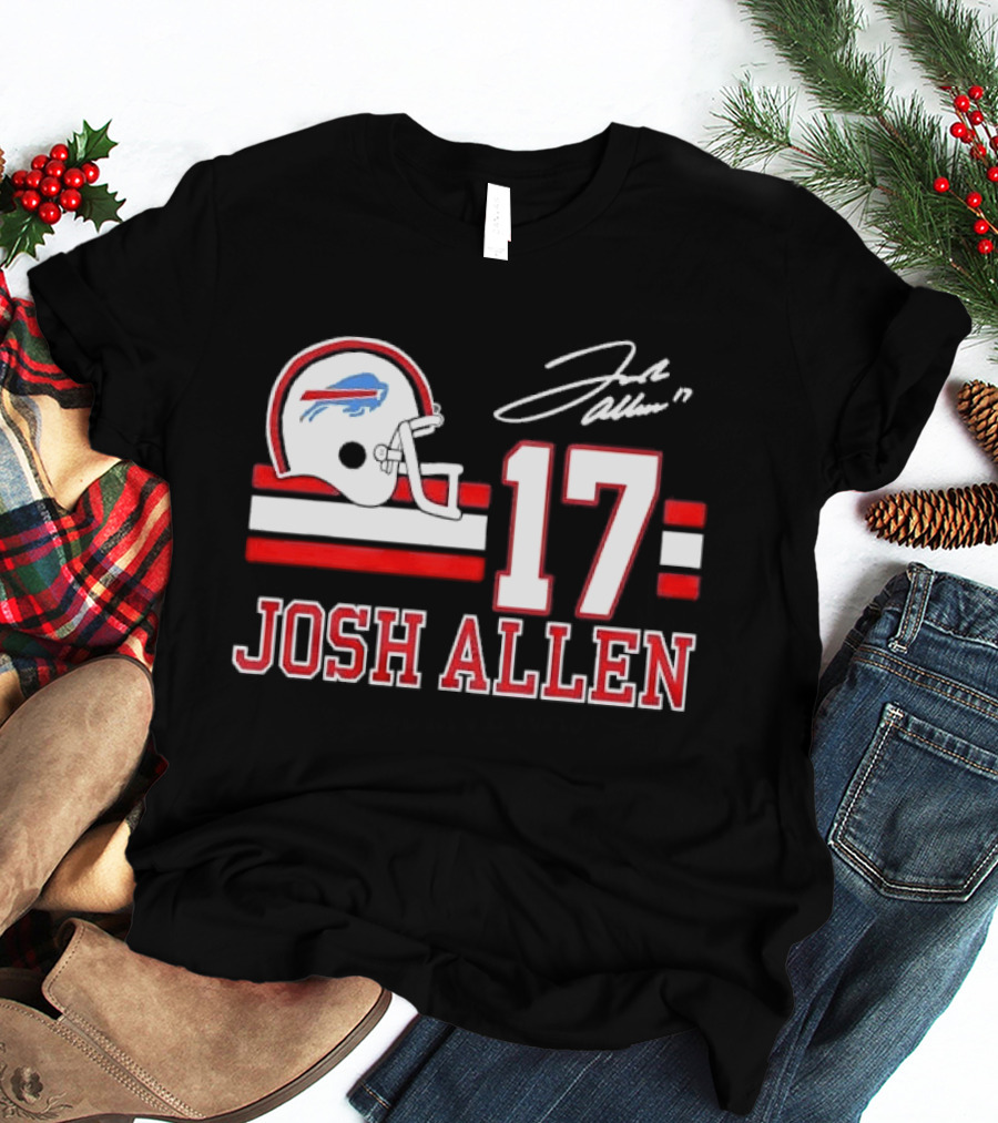 Josh Allen 17 Buffalo Bills Helmet Red Stripes Distressed T-Shirt
