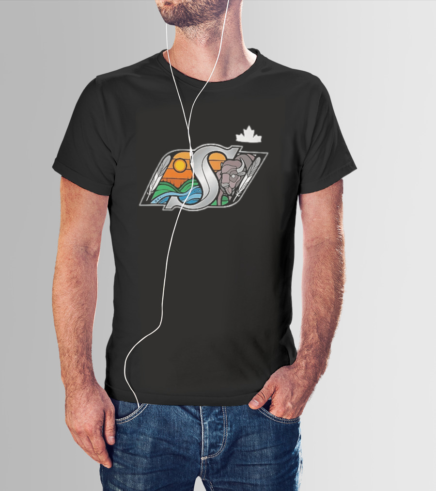 Saskatchewan Roughriders 2025 Indigenous Heritage Special Buffalo Sunrise Feather River T-Shirt