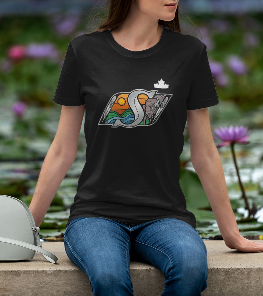 Saskatchewan Roughriders 2025 Indigenous Heritage Special Buffalo Sunrise Feather River T-Shirt