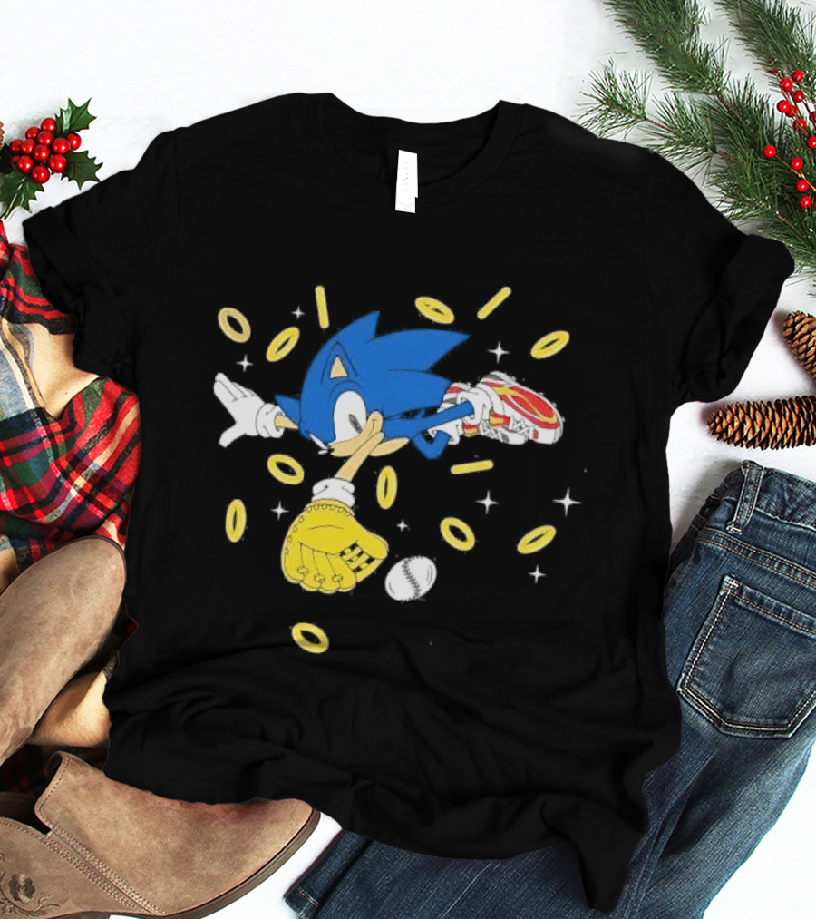 The Hedgehog Running Collecting Rings With Baseball Glove And Ball T-Shirt