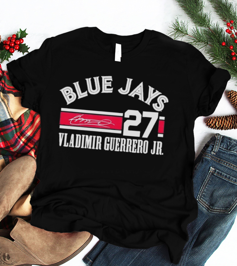 Blue Jays Vladimir Guerrero Jr 27 Red Stripe Signature Distressed T-Shirt