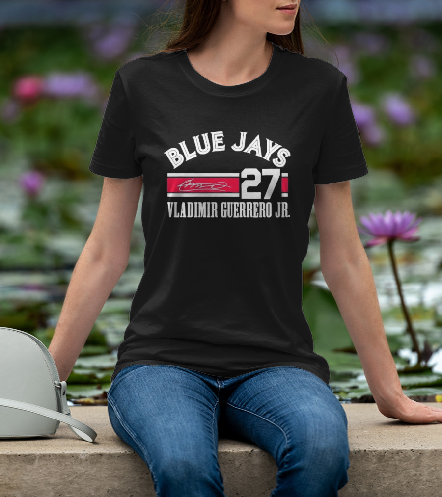 Blue Jays Vladimir Guerrero Jr 27 Red Stripe Signature Distressed T-Shirt