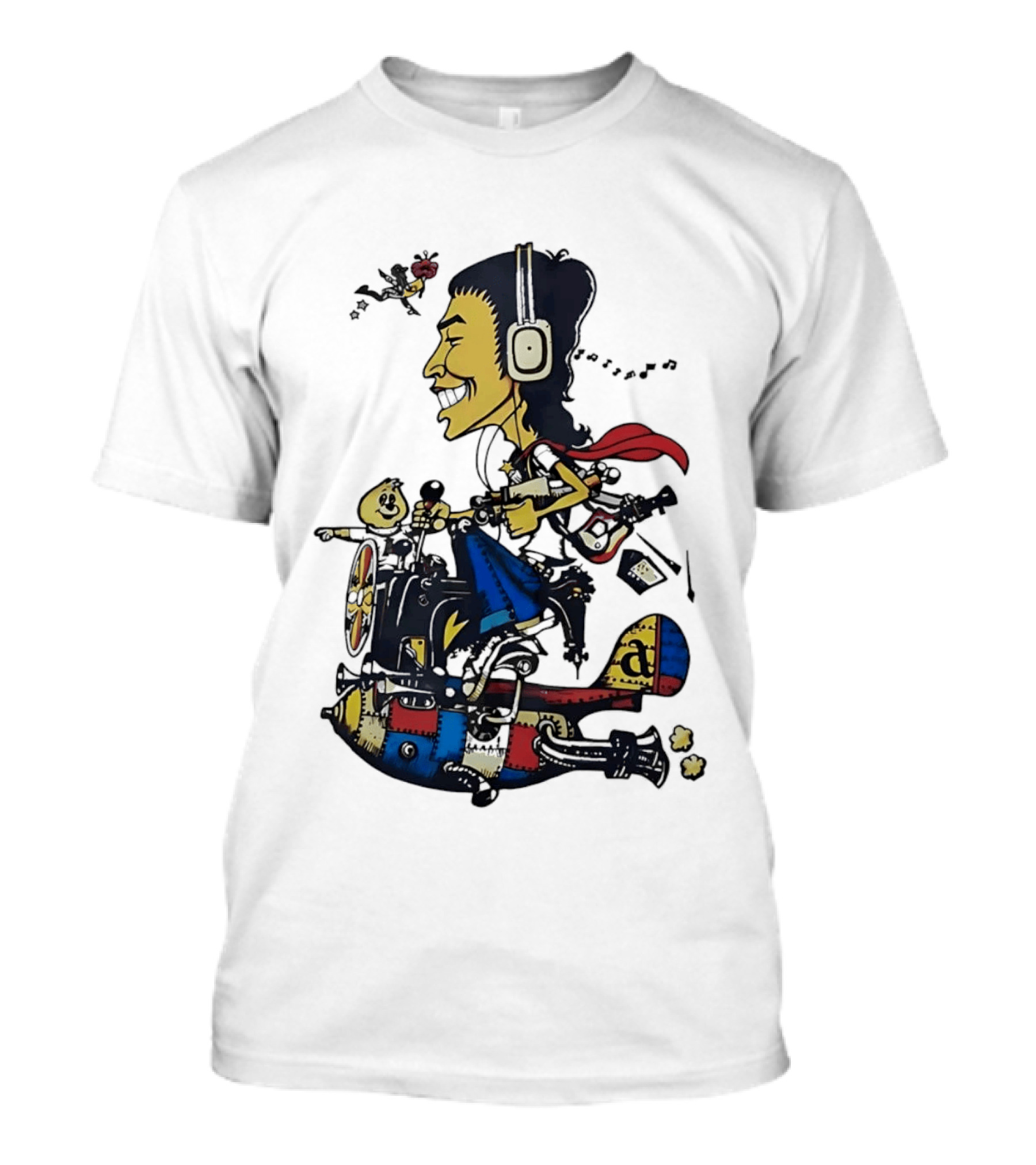 Cartoon Caricature Man With Headphones Riding Flying Rocket Airplane T-Shirt