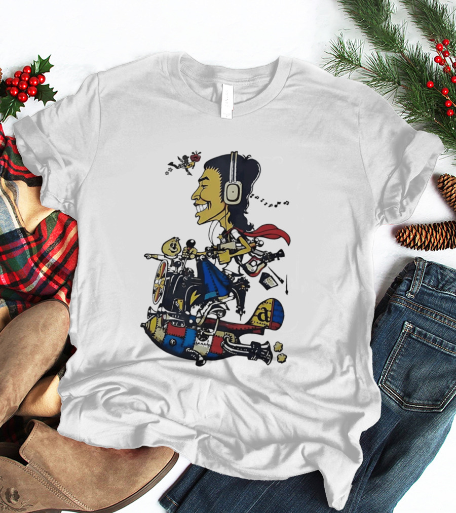 Cartoon Caricature Man With Headphones Riding Flying Rocket Airplane T-Shirt
