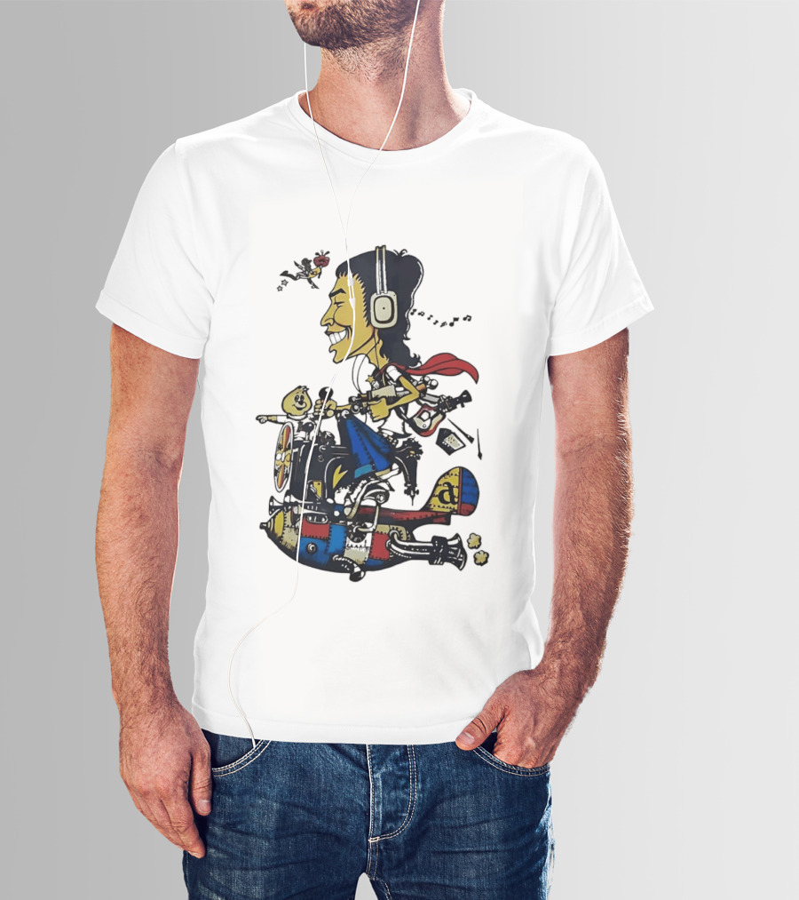 Cartoon Caricature Man With Headphones Riding Flying Rocket Airplane T-Shirt