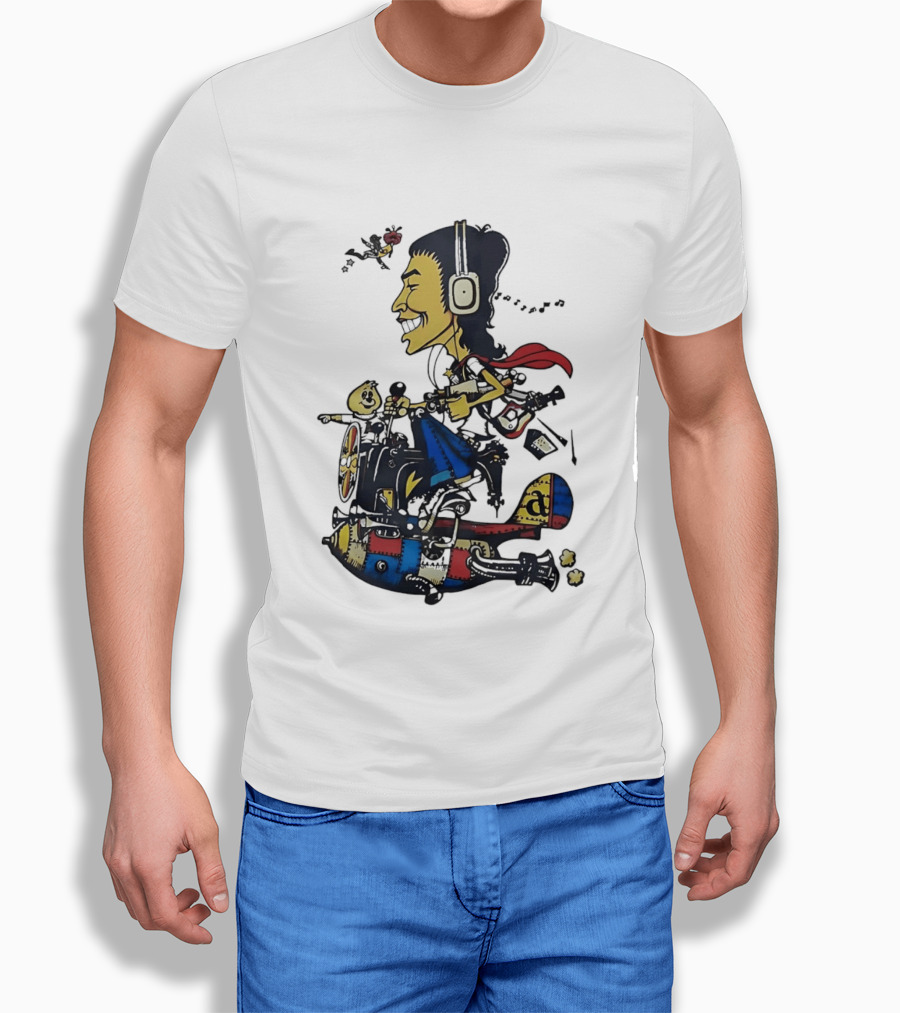 Cartoon Caricature Man With Headphones Riding Flying Rocket Airplane T-Shirt