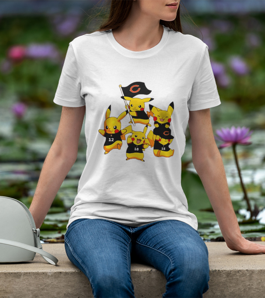 Chicago Bears Pikachu Fan Squad With Flag And Jerseys T-Shirt