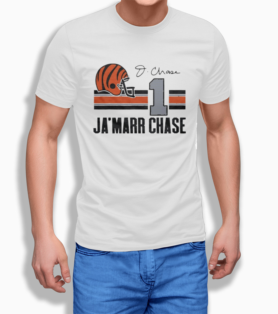 Cincinnati Bengals Ja'Marr Chase Helmet 1 J Signature Stripes Wood Texture T-Shirt
