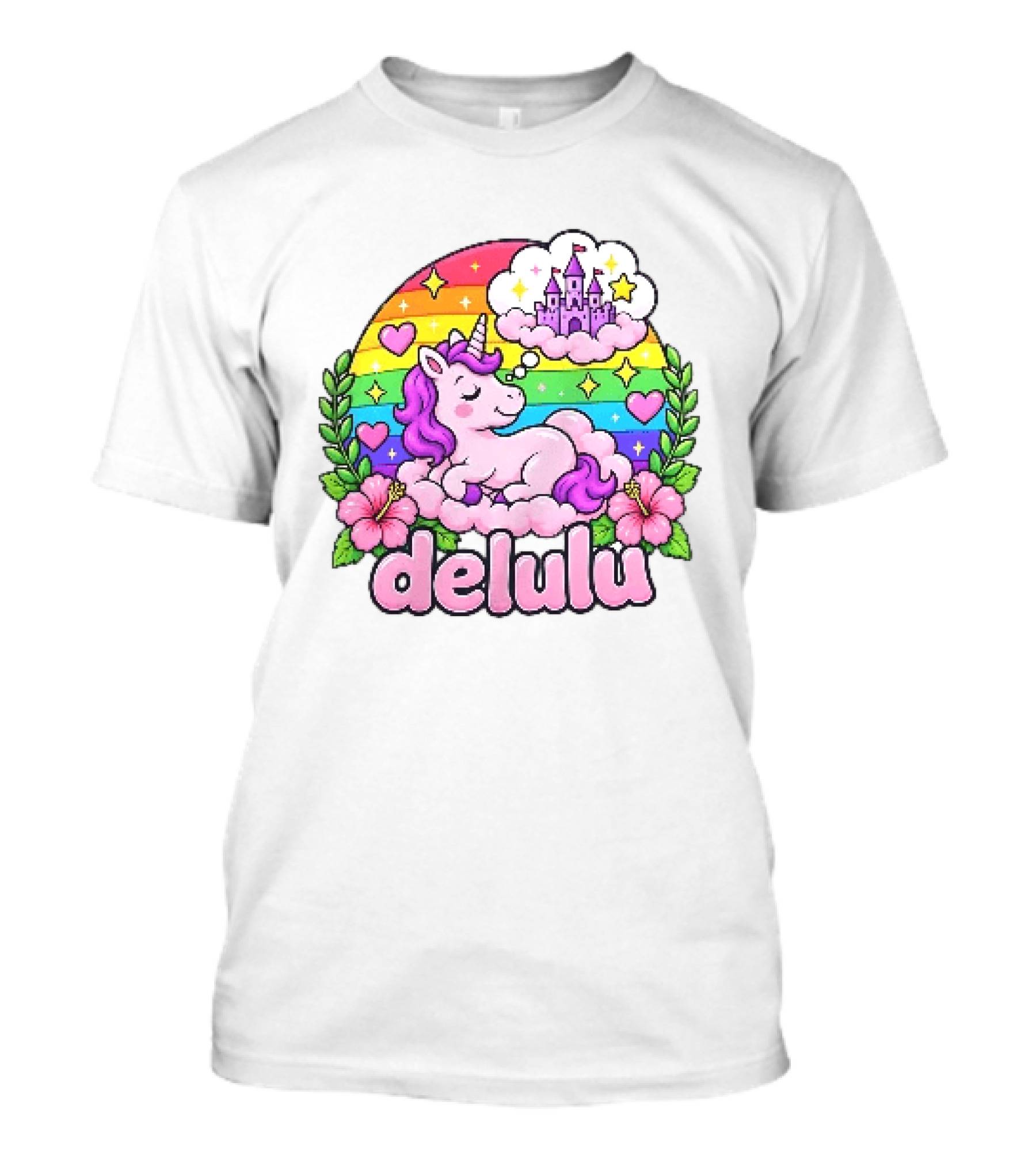 Delulu Unicorn Rainbow Castle Dreams With Colorful Heart Accents T-Shirt