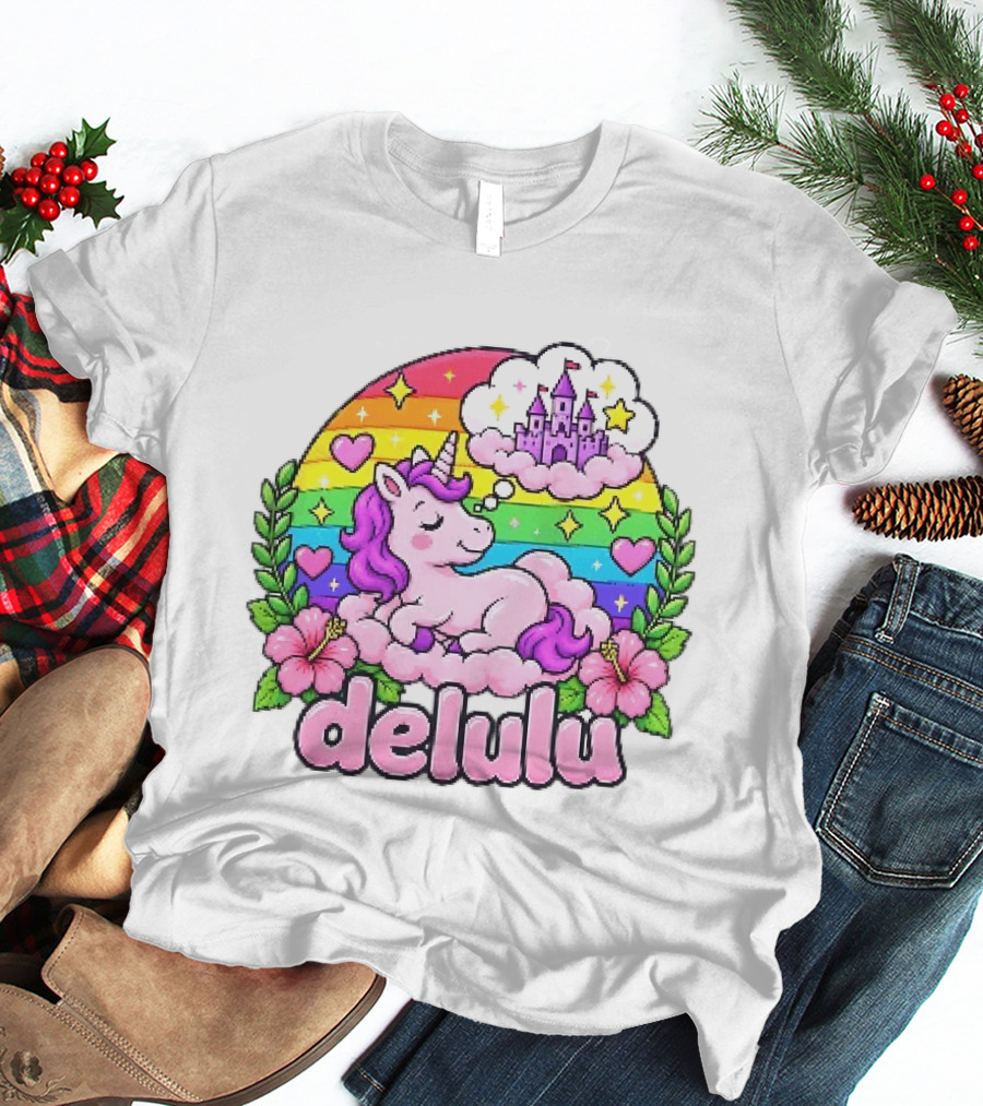 Delulu Unicorn Rainbow Castle Dreams With Colorful Heart Accents T-Shirt