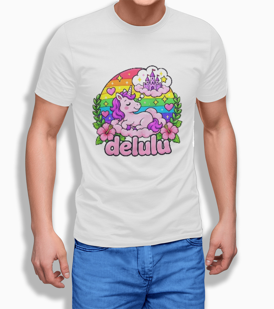 Delulu Unicorn Rainbow Castle Dreams With Colorful Heart Accents T-Shirt