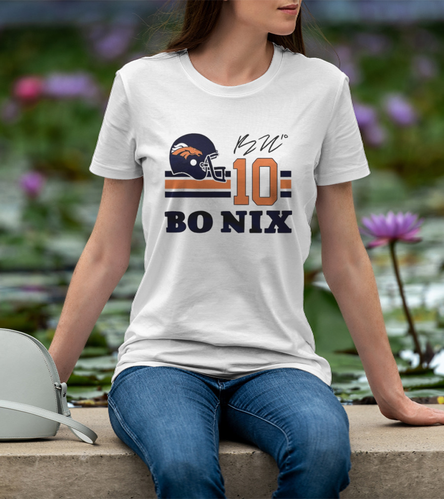 Denver Broncos Bo Nix 10 Football Helmet Horizontal Stripes T-Shirt