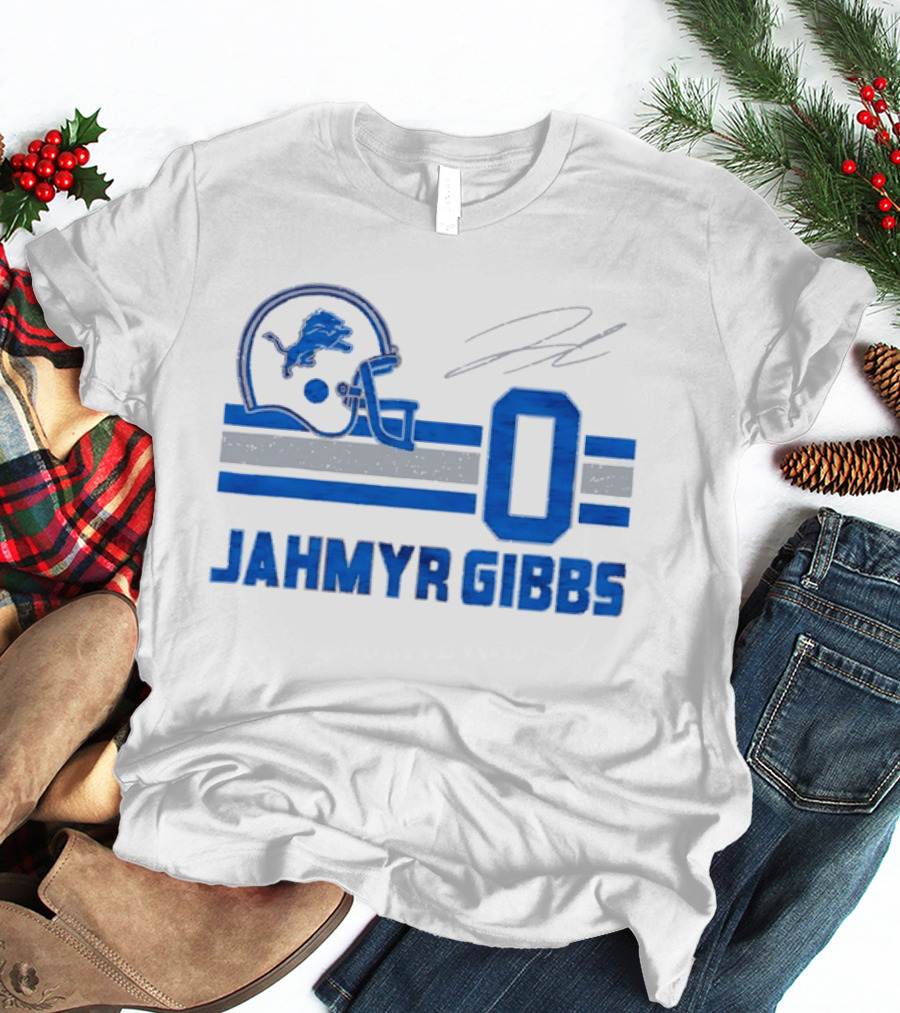 Detroit Lions Jahmyr Gibbs Zero Helmet Number Stripes Distressed T-Shirt