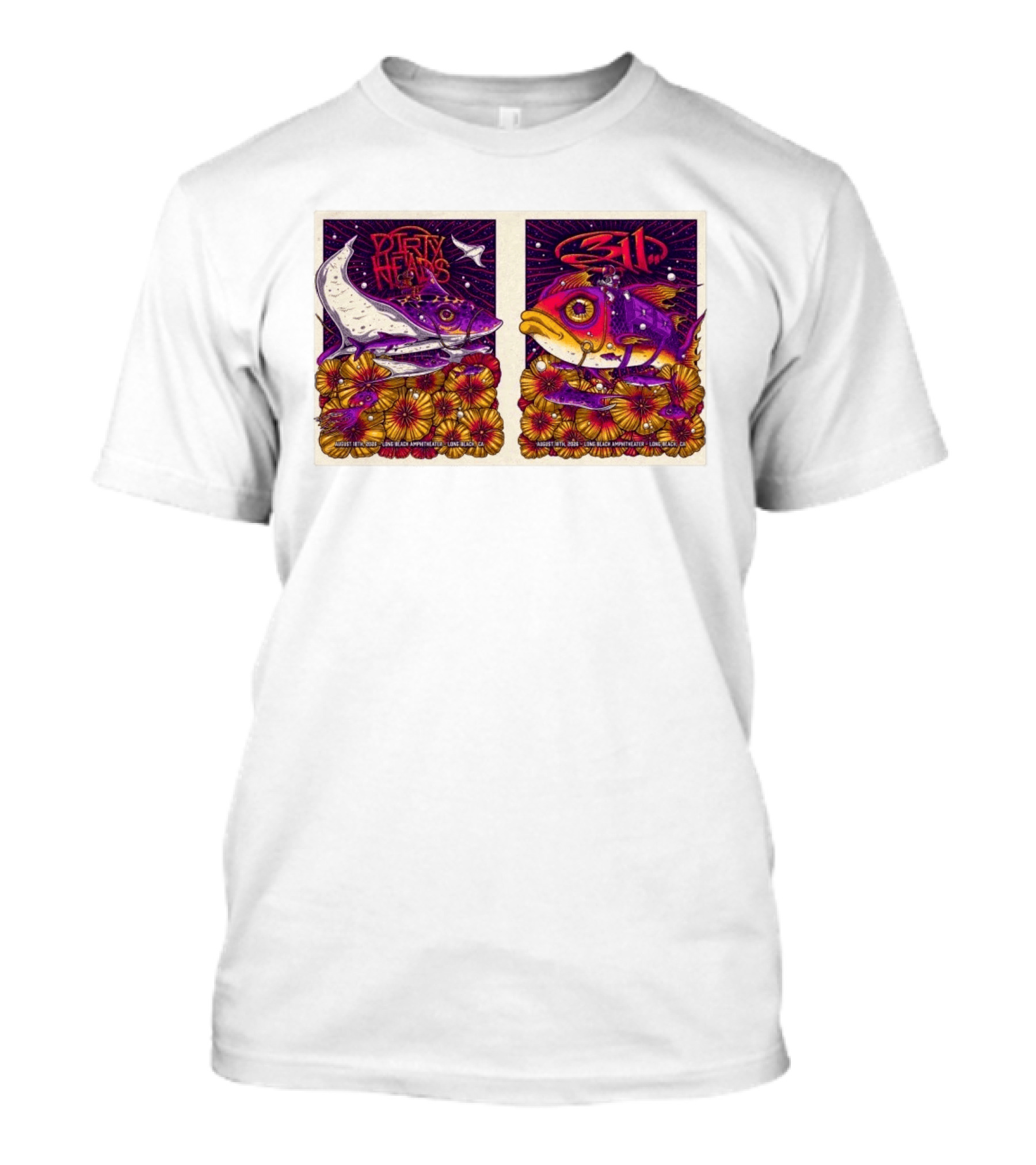 Dirty Heads 311 August 18 2026 Long Beach Amphitheater California Concert Art Colorful Fish Flowers T-Shirt