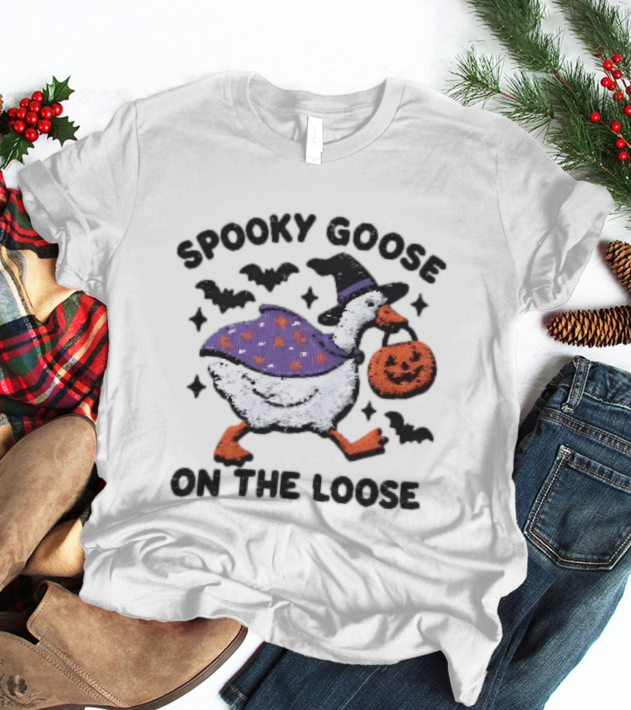 Spooky Goose On The Loose Halloween Embroidered T-Shirt