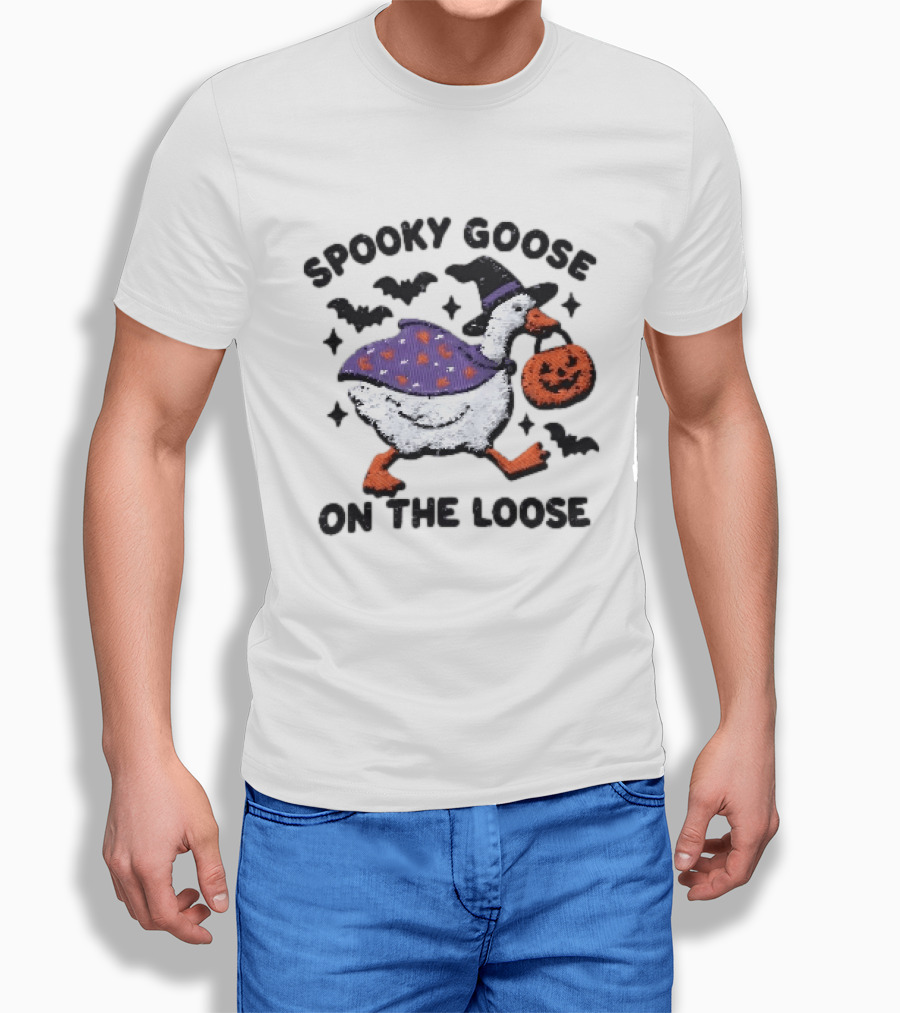 Spooky Goose On The Loose Halloween Embroidered T-Shirt