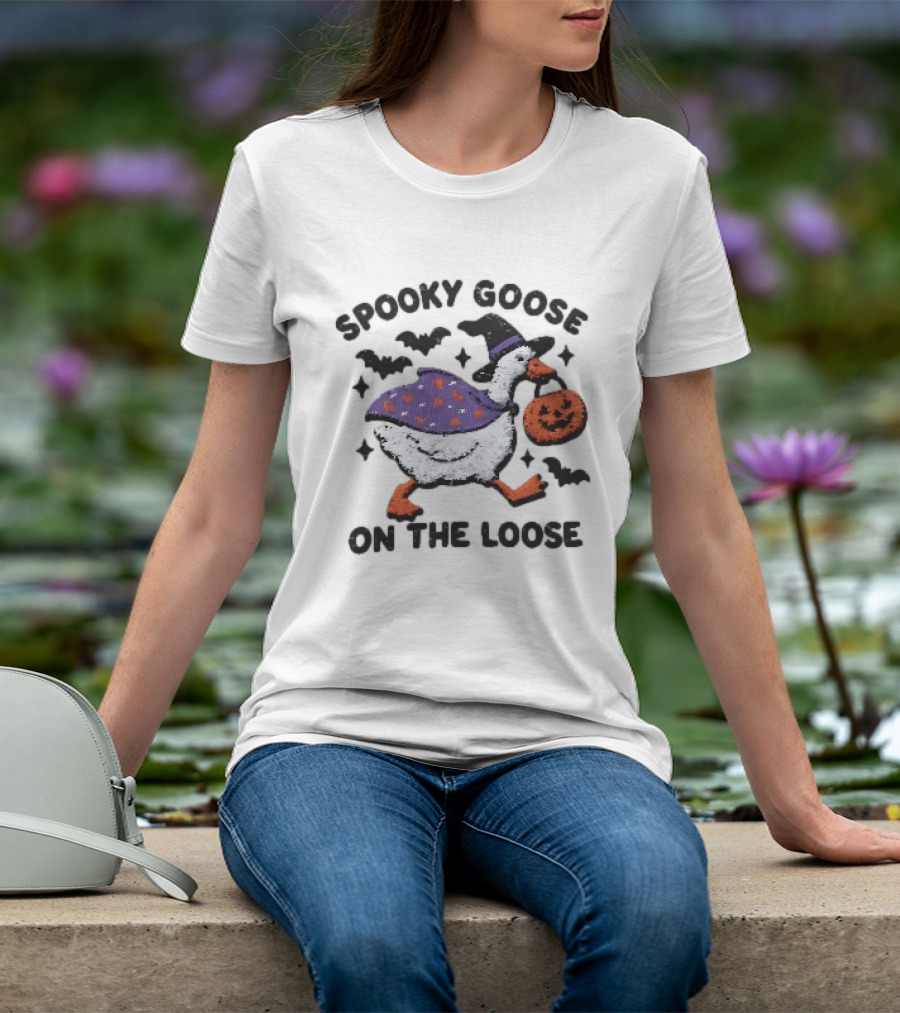 Spooky Goose On The Loose Halloween Embroidered T-Shirt