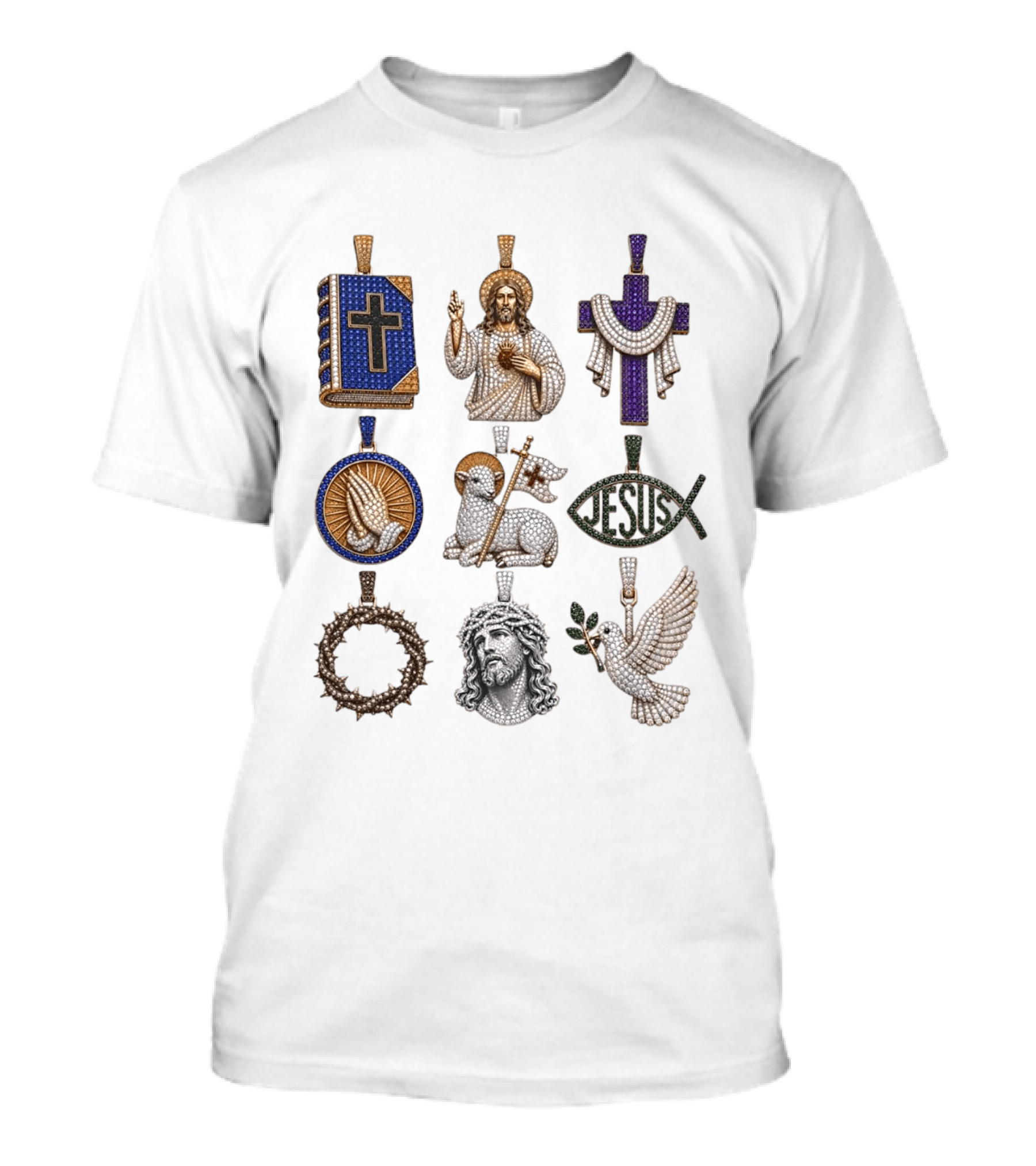 Jesus Cross Bible Lamb Fish Dove Crown Praying Hands Gemstone Pendants Collection T-Shirt