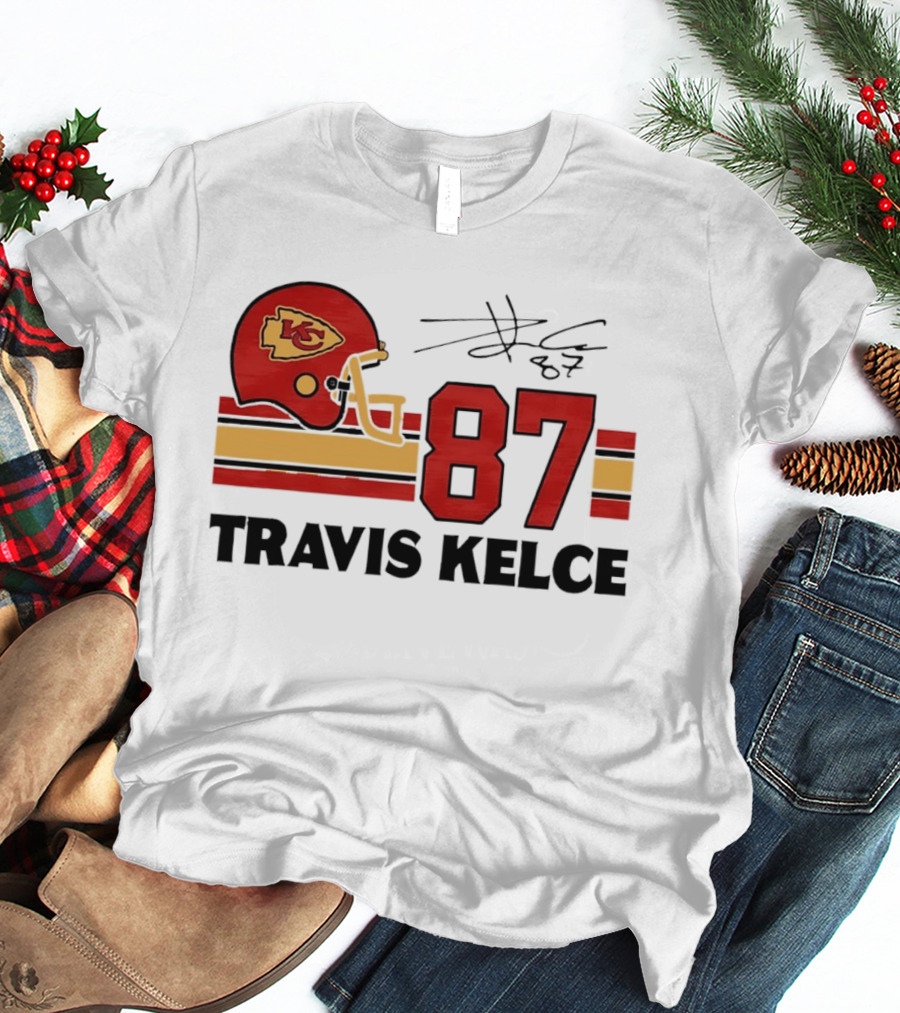 Kansas City Chiefs Travis Kelce 87 Red Gold Helmet Stripes T-Shirt